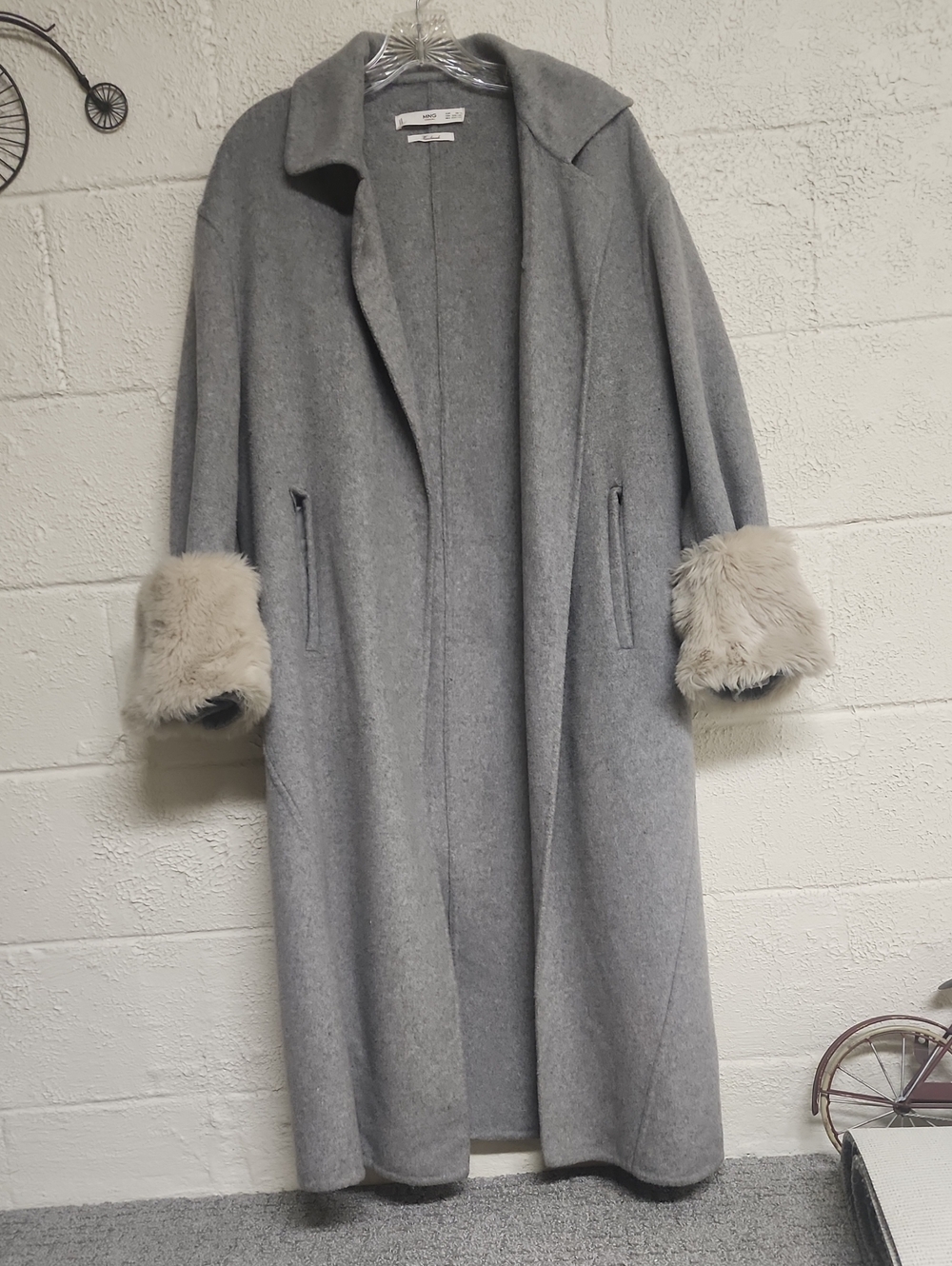 Long Gray Wool Coat with Cream Faux Fur Cuffs